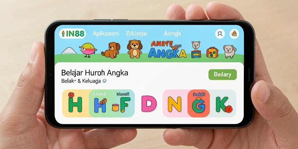Antarmuka ceria aplikasi IN88 untuk belajar huruf dan angka.