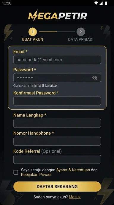 Tampilan halaman daftar megapetir
